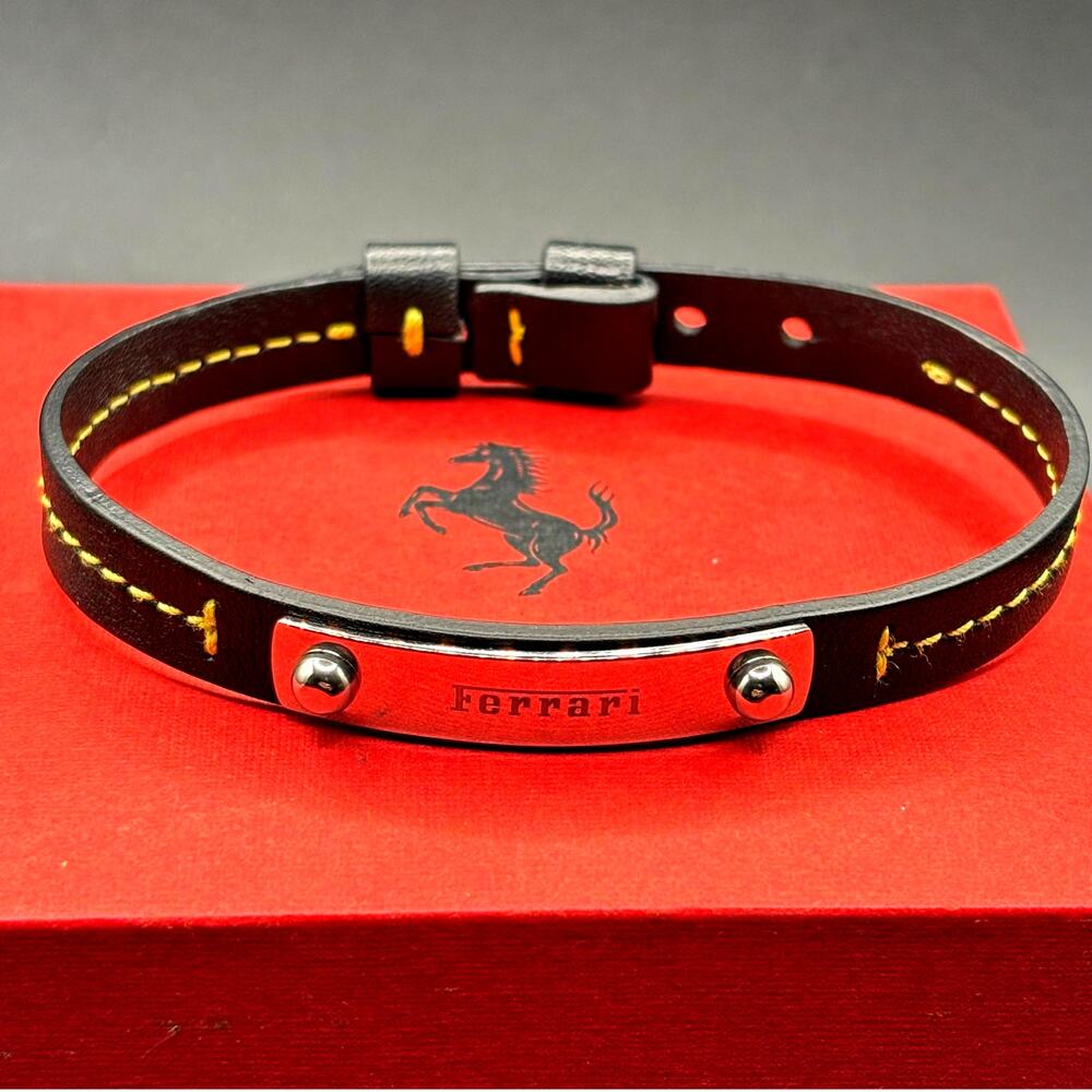 Scuderia Ferrari Leather Bracelet Black Yellow Stitch Adjustable Bracelet